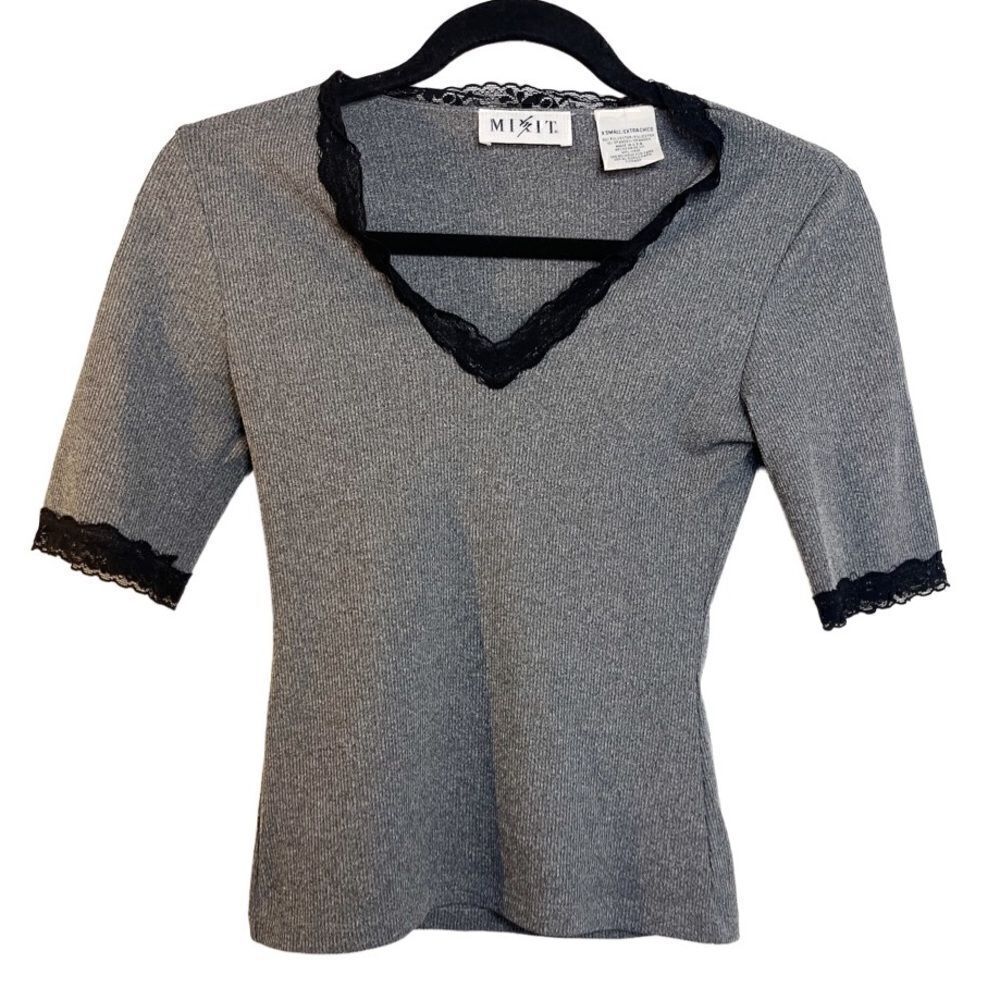 MiXit Ribbed Lace Trim 3/4 Sleeve Top Grey and Black Size XS